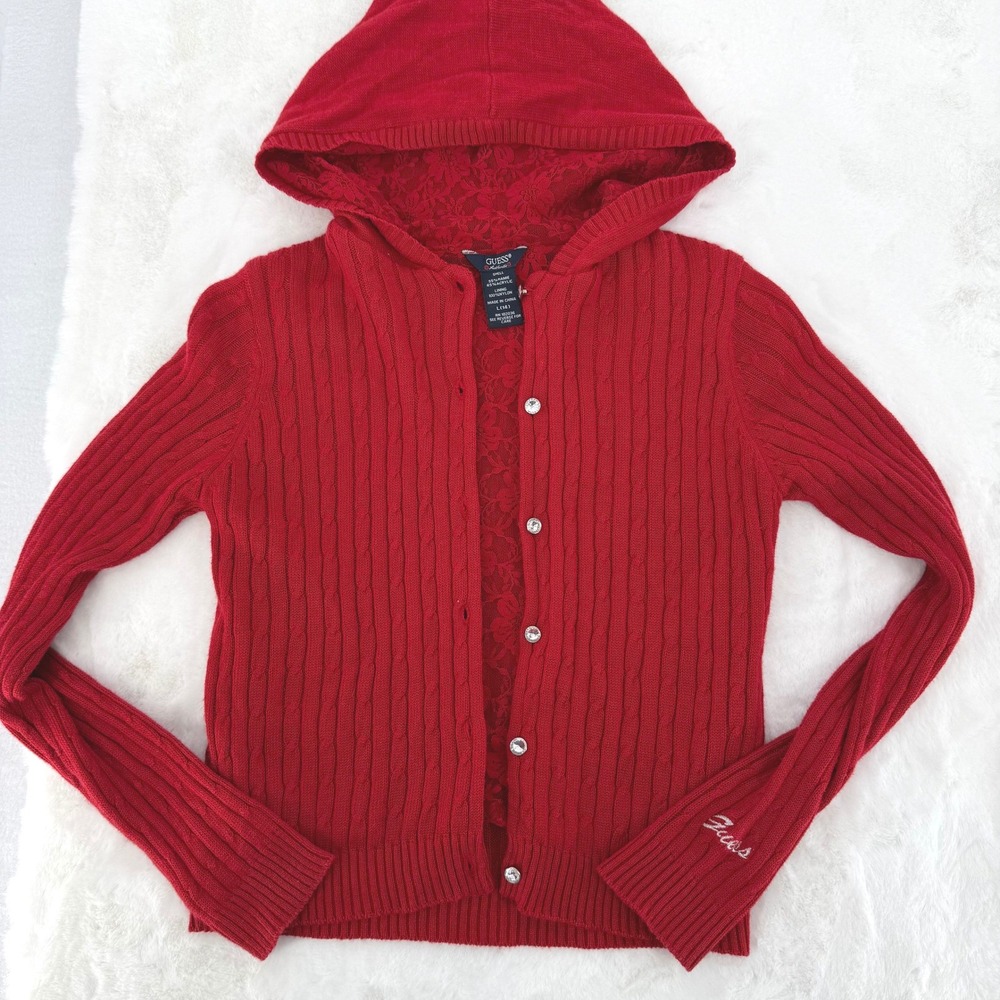 Guess‎ Cardigan Kids L 14 Red Cable Knit Lace Hooded Sweater Y2K